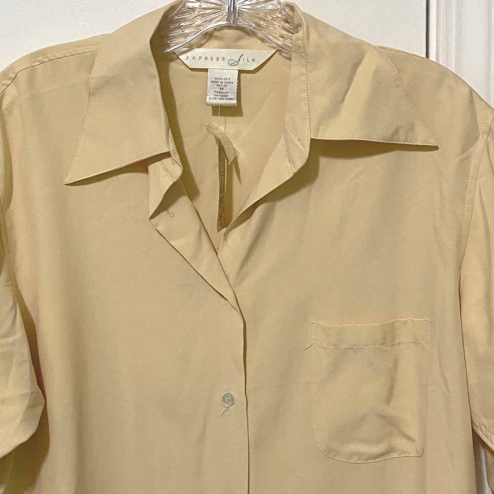 Vtg 90s Express Silk Short Sleeve Button Down Shirt Pale Yellow Petite M Career
